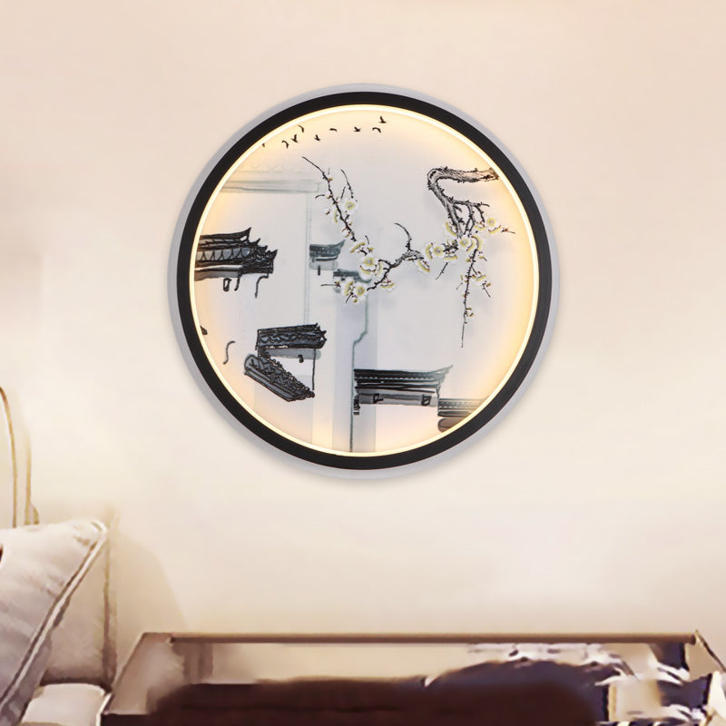 Skørter | Black-White Ancient Houses Mural Light Chinese LED Fabric Wall Lamp Sconces for Seating Area