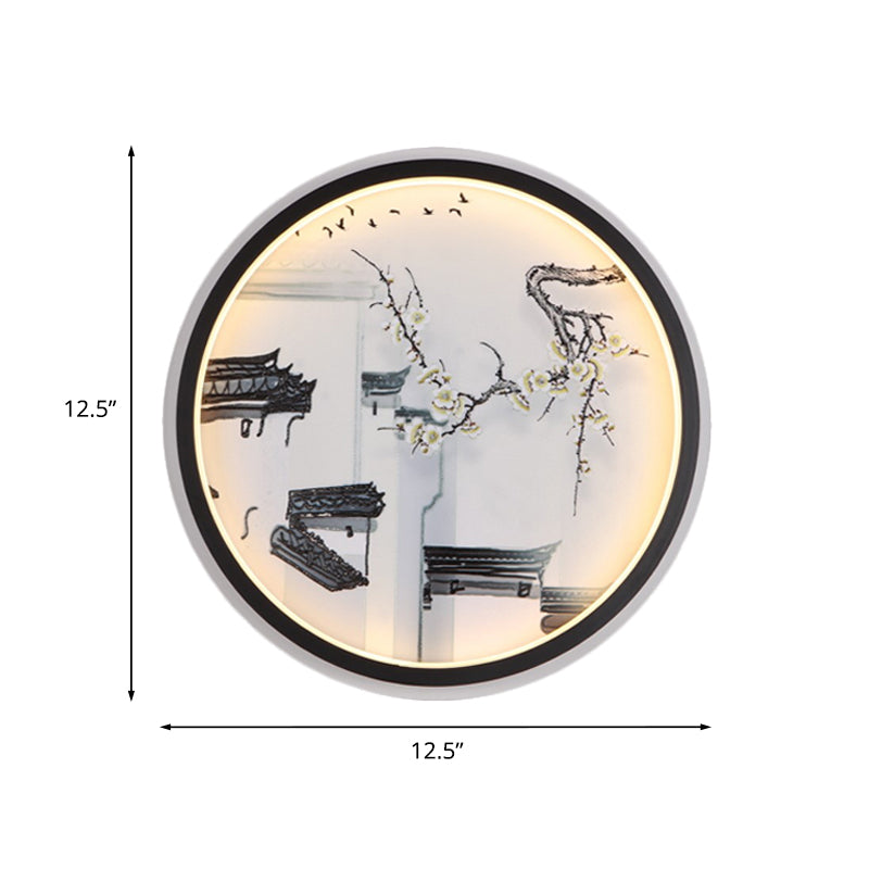 Skørter | Black-White Ancient Houses Mural Light Chinese LED Fabric Wall Lamp Sconces for Seating Area