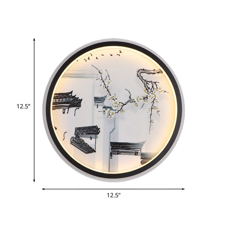 Skørter | Black-White Ancient Houses Mural Light Chinese LED Fabric Wall Lamp Sconces for Seating Area