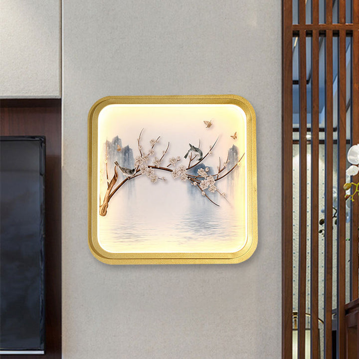 Skørter | Asia LED Wall Mount Wall Lighting Gold/Khaki More and Flower Branch Painting Wall Lamp with Fabric Shade