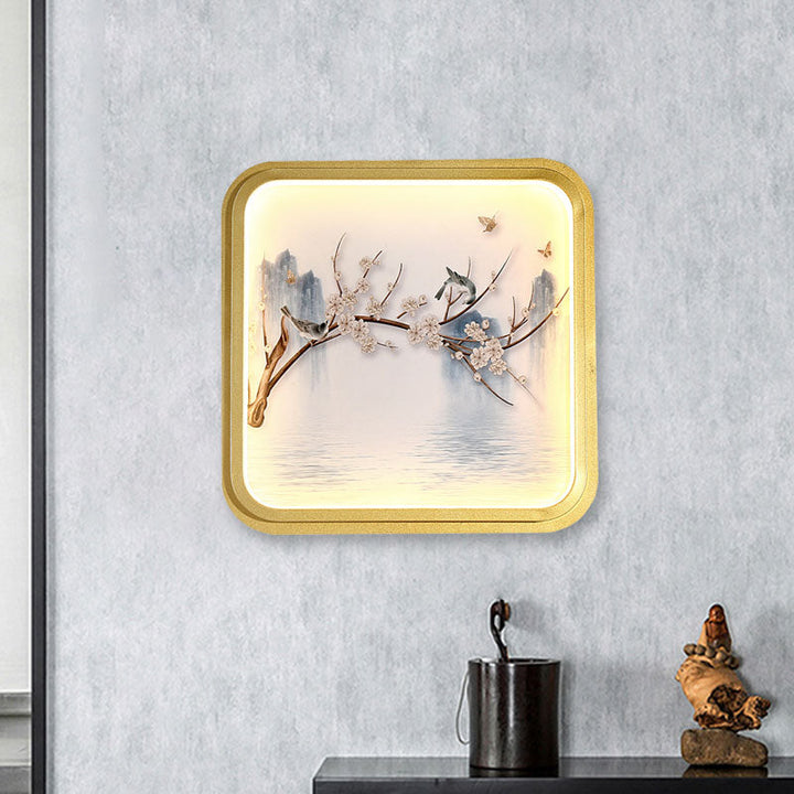 Skørter | Asia LED Wall Mount Wall Lighting Gold/Khaki More and Flower Branch Painting Wall Lamp with Fabric Shade