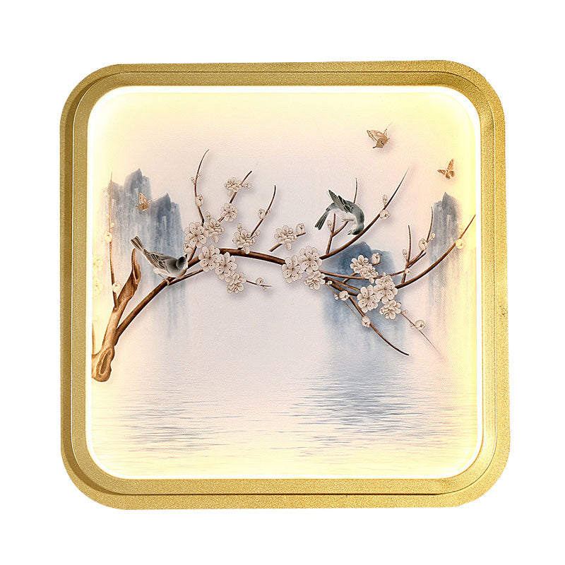 Skørter | Asia LED Wall Mount Wall Lighting Gold/Khaki More and Flower Branch Painting Wall Lamp with Fabric Shade
