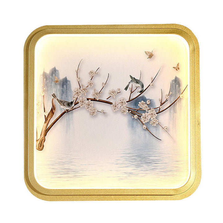 Skørter | Asia LED Wall Mount Wall Lighting Gold/Khaki More and Flower Branch Painting Wall Lamp with Fabric Shade