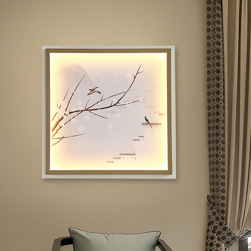 Skørter | Asia LED Wall Mount Wall Lighting Gold/Khaki More and Flower Branch Painting Wall Lamp with Fabric Shade