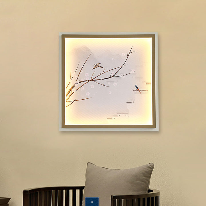 Skørter | Asia LED Wall Mount Wall Lighting Gold/Khaki More and Flower Branch Painting Wall Lamp with Fabric Shade