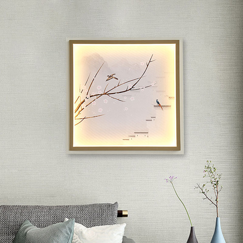 Skørter | Asia LED Wall Mount Wall Lighting Gold/Khaki More and Flower Branch Painting Wall Lamp with Fabric Shade