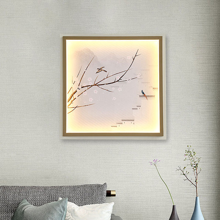 Skørter | Asia LED Wall Mount Wall Lighting Gold/Khaki More and Flower Branch Painting Wall Lamp with Fabric Shade