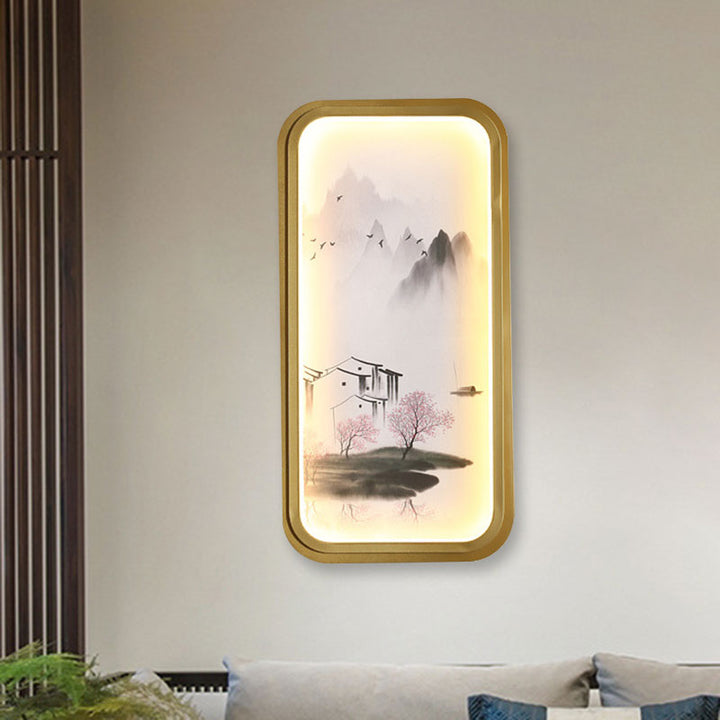 Skørter | Chinese Ink Village/ Lotus Wall Lamp Fabric Living Room LED Wall Mount Light in Gold