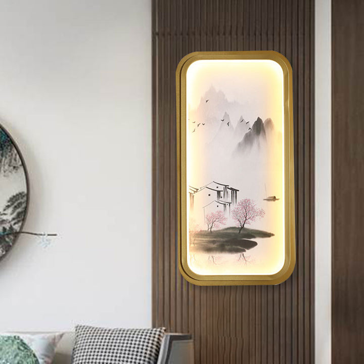 Skørter | Chinese Ink Village/ Lotus Wall Lamp Fabric Living Room LED Wall Mount Light in Gold