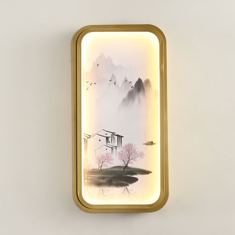 Skørter | Chinese Ink Village/ Lotus Wall Lamp Fabric Living Room LED Wall Mount Light in Gold