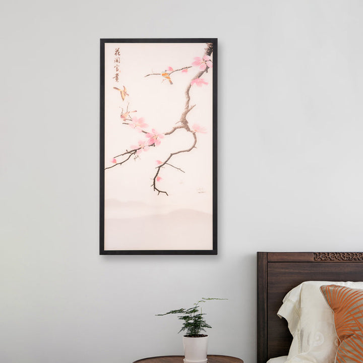 Skørter | Asian Style LED Wall Mounted Wall Light Black Bird and Peach Blossom Painting Wall Lamp with Fabric Shade, 18 "/29.5" H