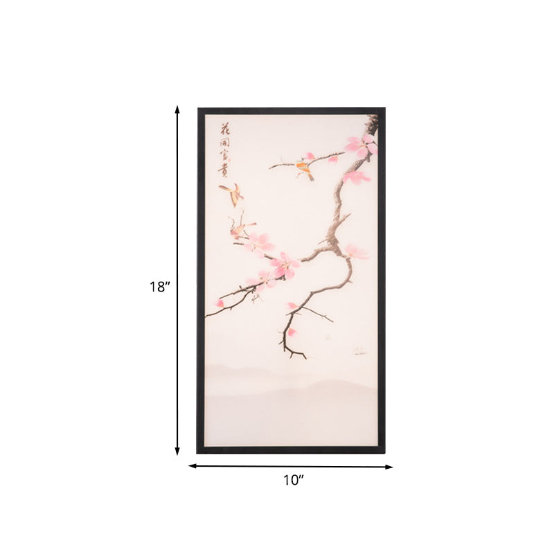Skørter | Asian Style LED Wall Mounted Wall Light Black Bird and Peach Blossom Painting Wall Lamp with Fabric Shade, 18 "/29.5" H