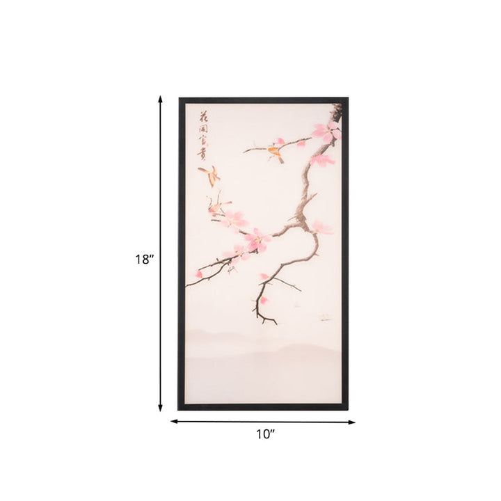 Skørter | Asian Style LED Wall Mounted Wall Light Black Bird and Peach Blossom Painting Wall Lamp with Fabric Shade, 18 "/29.5" H