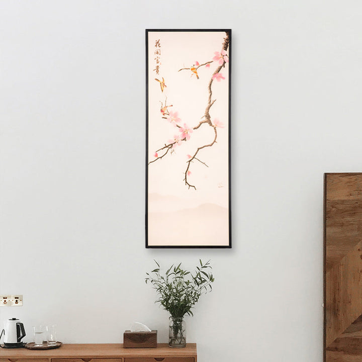 Skørter | Asian Style LED Wall Mounted Wall Light Black Bird and Peach Blossom Painting Wall Lamp with Fabric Shade, 18 "/29.5" H