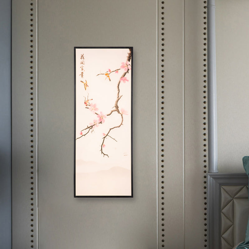 Skørter | Asian Style LED Wall Mounted Wall Light Black Bird and Peach Blossom Painting Wall Lamp with Fabric Shade, 18 "/29.5" H