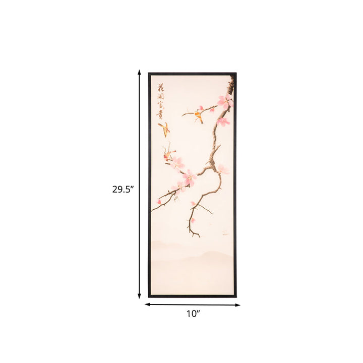 Skørter | Asian Style LED Wall Mounted Wall Light Black Bird and Peach Blossom Painting Wall Lamp with Fabric Shade, 18 "/29.5" H