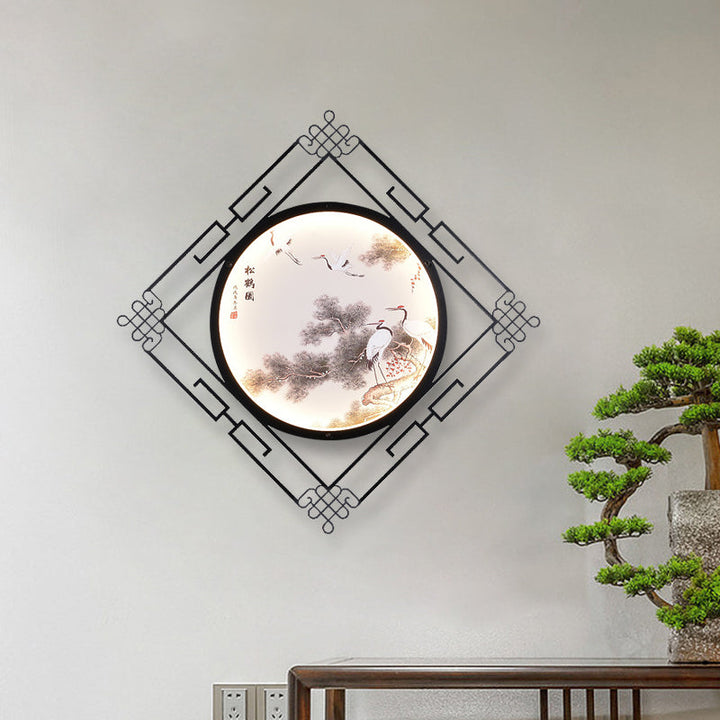 Skørter | Asia Halcyon Ink Painting Wall Mural Lamp Fabric Living Room LED Wall Lighting Light in Black
