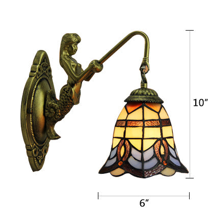 Lisslune | Bell Stained Glass Wall Lamp Baroque 1 Head 6"/8" Wide Bronze Wall Mounted Light with Mermaid Backplate