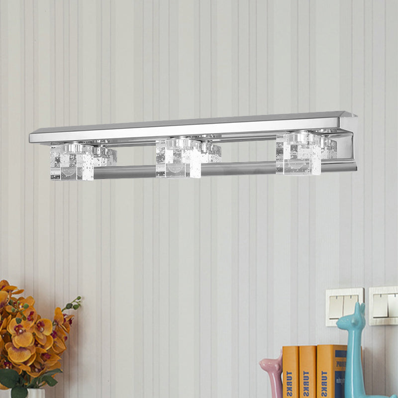 Lisslune | Chrome Finish Linear Wall Lamp Modern Crystal Cube 2/3 Heads Bathroom LED Wall Mount Lighting in Warm/White Light
