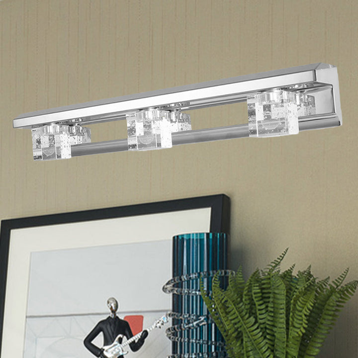 Lisslune | Chrome Finish Linear Wall Lamp Modern Crystal Cube 2/3 Heads Bathroom LED Wall Mount Lighting in Warm/White Light