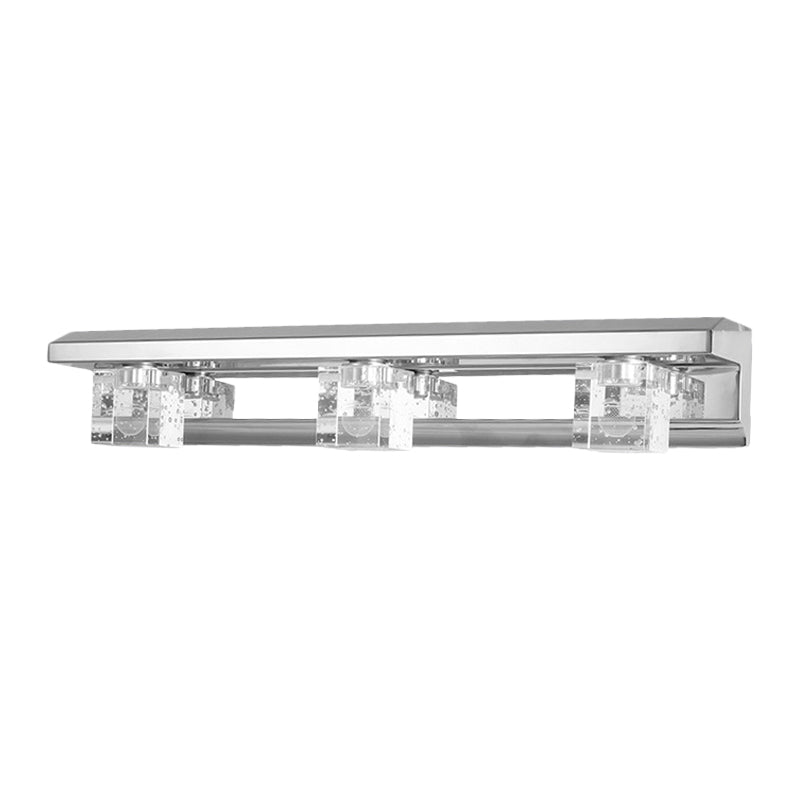 Lisslune | Chrome Finish Linear Wall Lamp Modern Crystal Cube 2/3 Heads Bathroom LED Wall Mount Lighting in Warm/White Light