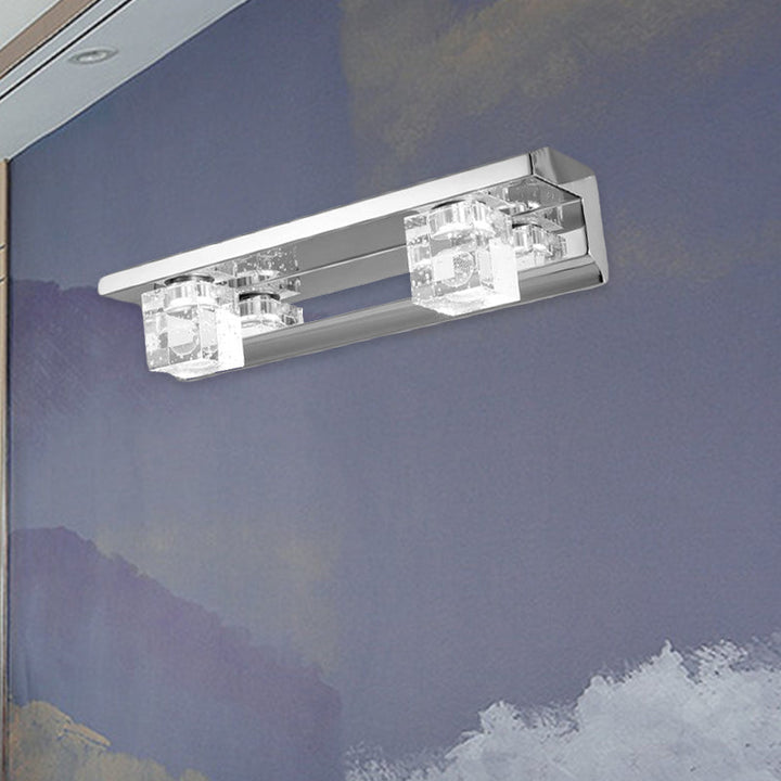 Lisslune | Chrome Finish Linear Wall Lamp Modern Crystal Cube 2/3 Heads Bathroom LED Wall Mount Lighting in Warm/White Light