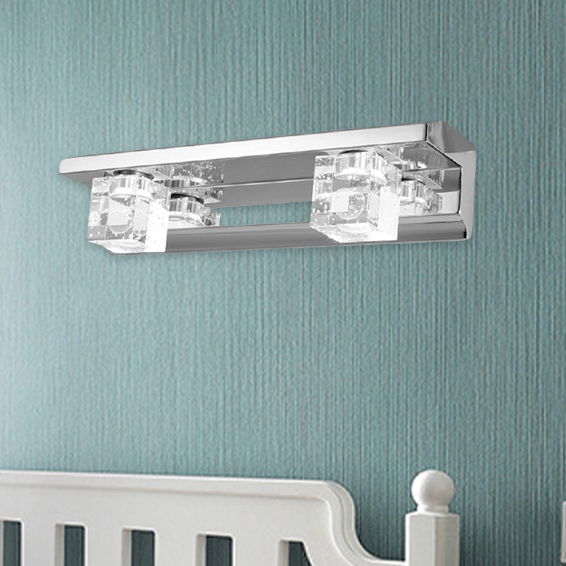 Lisslune | Chrome Finish Linear Wall Lamp Modern Crystal Cube 2/3 Heads Bathroom LED Wall Mount Lighting in Warm/White Light