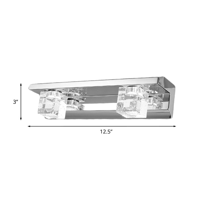 Lisslune | Chrome Finish Linear Wall Lamp Modern Crystal Cube 2/3 Heads Bathroom LED Wall Mount Lighting in Warm/White Light