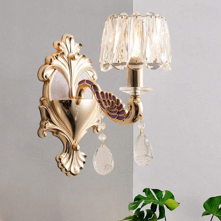 Lisslune | Gold Single Light Bulb Wall Sconces Light Modernism Crystal Block Small Drum Shade Wall Lamp