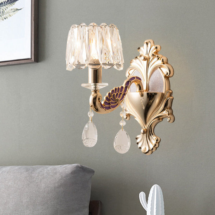 Lisslune | Gold Single Light Bulb Wall Sconces Light Modernism Crystal Block Small Drum Shade Wall Lamp