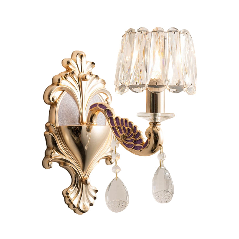 Lisslune | Gold Single Light Bulb Wall Sconces Light Modernism Crystal Block Small Drum Shade Wall Lamp