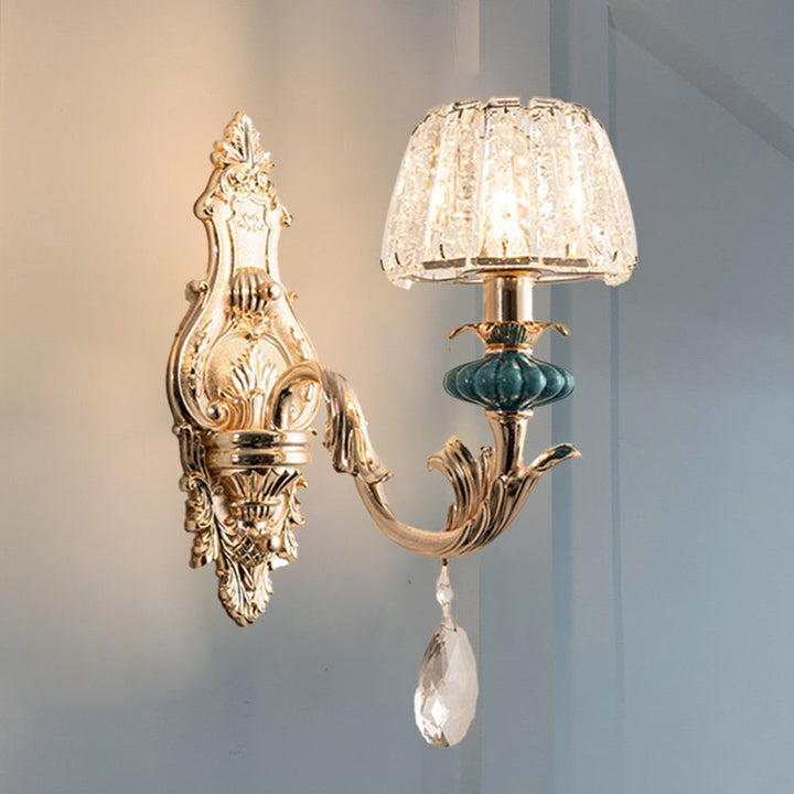 Lisslune | Gold Small Drum Wall Mount Lighting Traditional Etched Crystal 1/2-Bulb Bedroom Wall Lamp Fixture