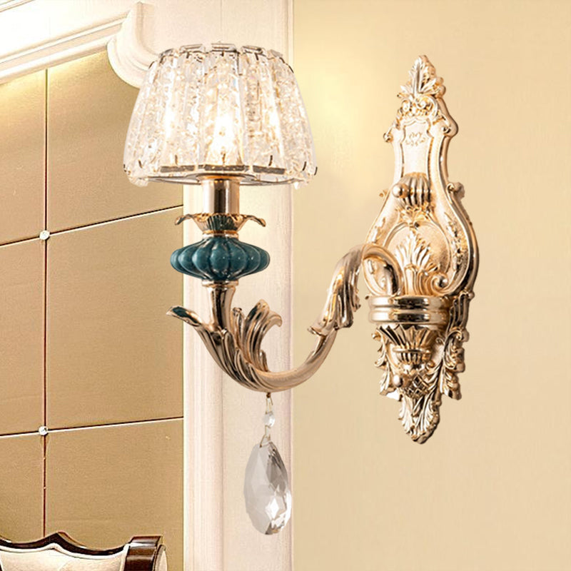 Lisslune | Gold Small Drum Wall Mount Lighting Traditional Etched Crystal 1/2-Bulb Bedroom Wall Lamp Fixture
