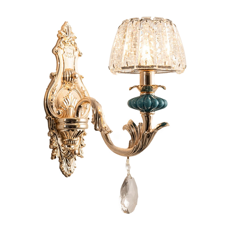 Lisslune | Gold Small Drum Wall Mount Lighting Traditional Etched Crystal 1/2-Bulb Bedroom Wall Lamp Fixture