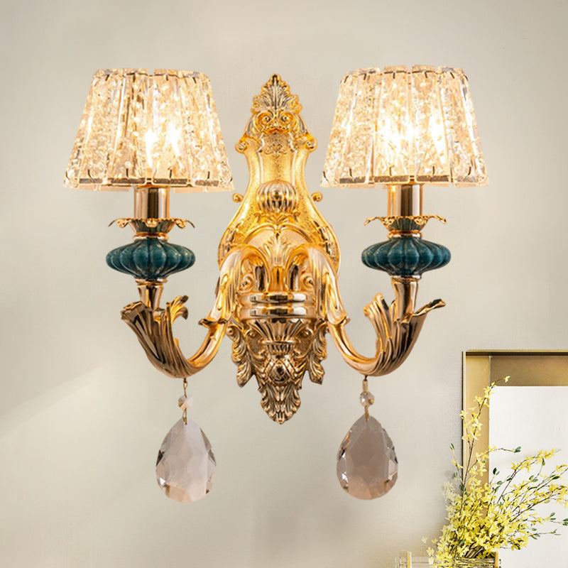 Lisslune | Gold Small Drum Wall Mount Lighting Traditional Etched Crystal 1/2-Bulb Bedroom Wall Lamp Fixture