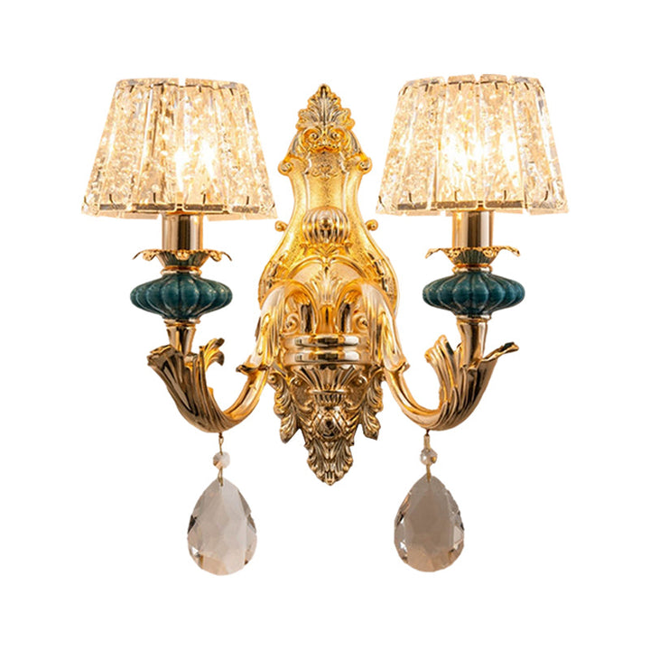 Lisslune | Gold Small Drum Wall Mount Lighting Traditional Etched Crystal 1/2-Bulb Bedroom Wall Lamp Fixture