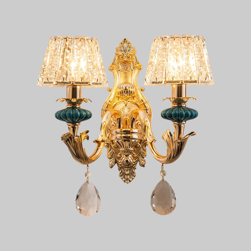 Lisslune | Gold Small Drum Wall Mount Lighting Traditional Etched Crystal 1/2-Bulb Bedroom Wall Lamp Fixture