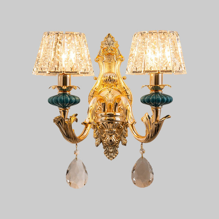 Lisslune | Gold Small Drum Wall Mount Lighting Traditional Etched Crystal 1/2-Bulb Bedroom Wall Lamp Fixture