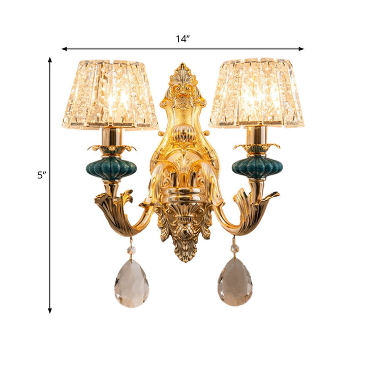 Lisslune | Gold Small Drum Wall Mount Lighting Traditional Etched Crystal 1/2-Bulb Bedroom Wall Lamp Fixture