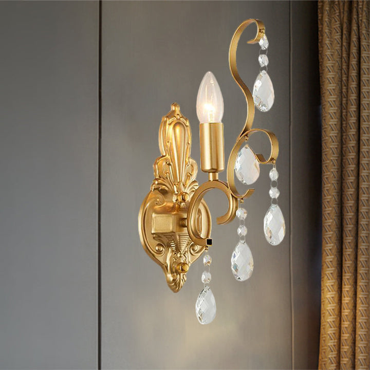 Lisslune | Metallic Candle Wall Sconce Traditional 1/2-Light Living Room Wall Mounted Light with Crystal Swag Accent