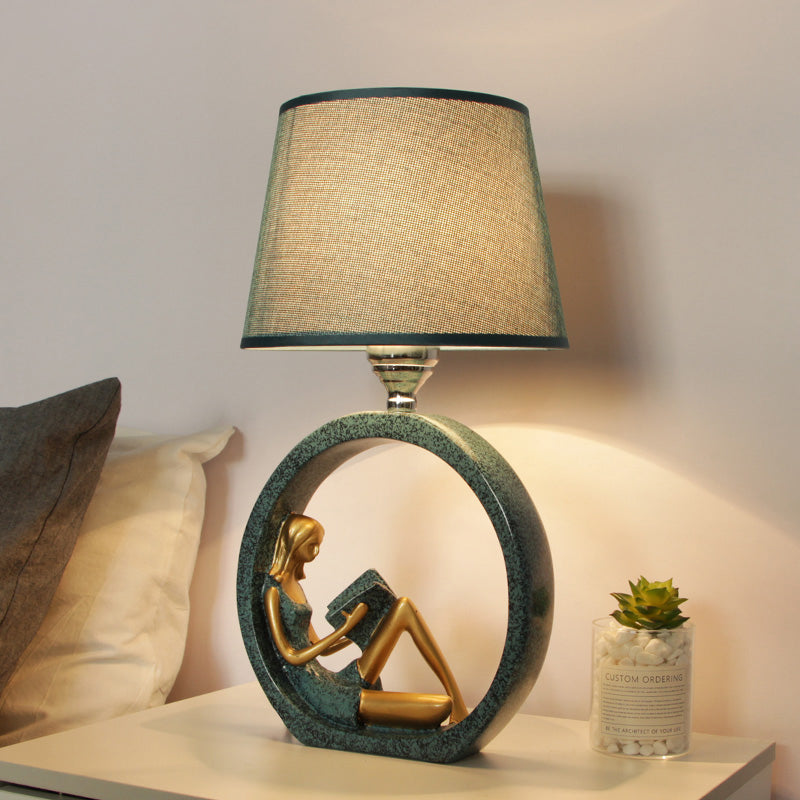 Lisslune | Avelyn | Graceful Reader Resin Table Lamp with Blue Fabric Shade