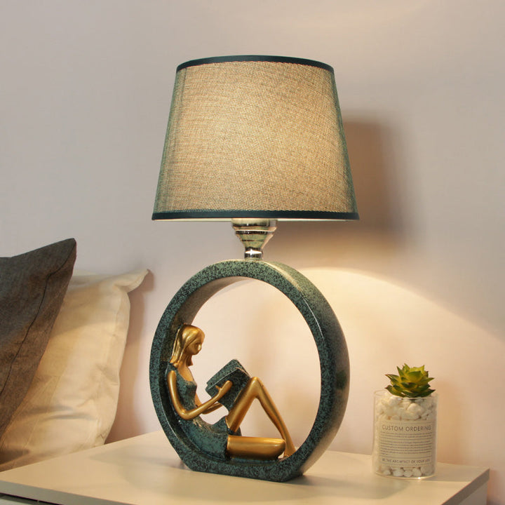 Lisslune | Avelyn | Graceful Reader Resin Table Lamp with Blue Fabric Shade