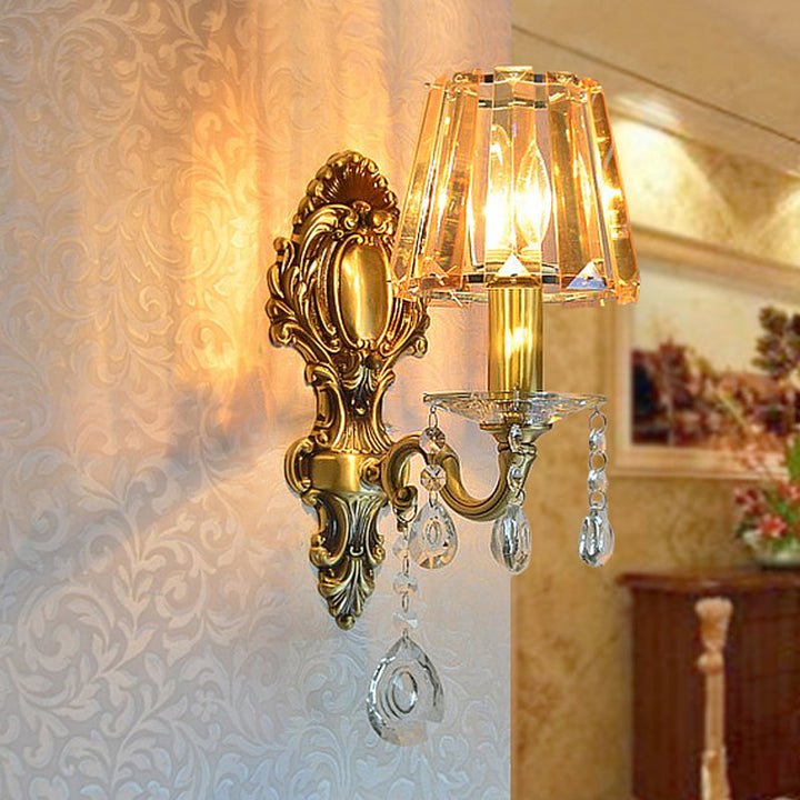Lisslune | 1-Light Candle Wall Lamp Traditional Brass Metal Wall Lighting with Conical Clear Crystal Shade