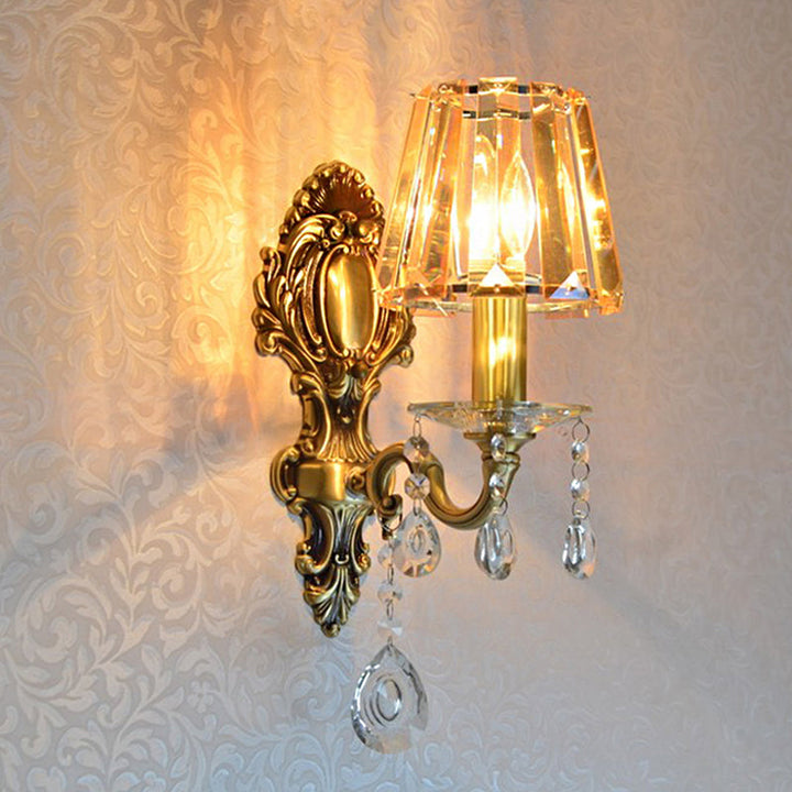Lisslune | 1-Light Candle Wall Lamp Traditional Brass Metal Wall Lighting with Conical Clear Crystal Shade