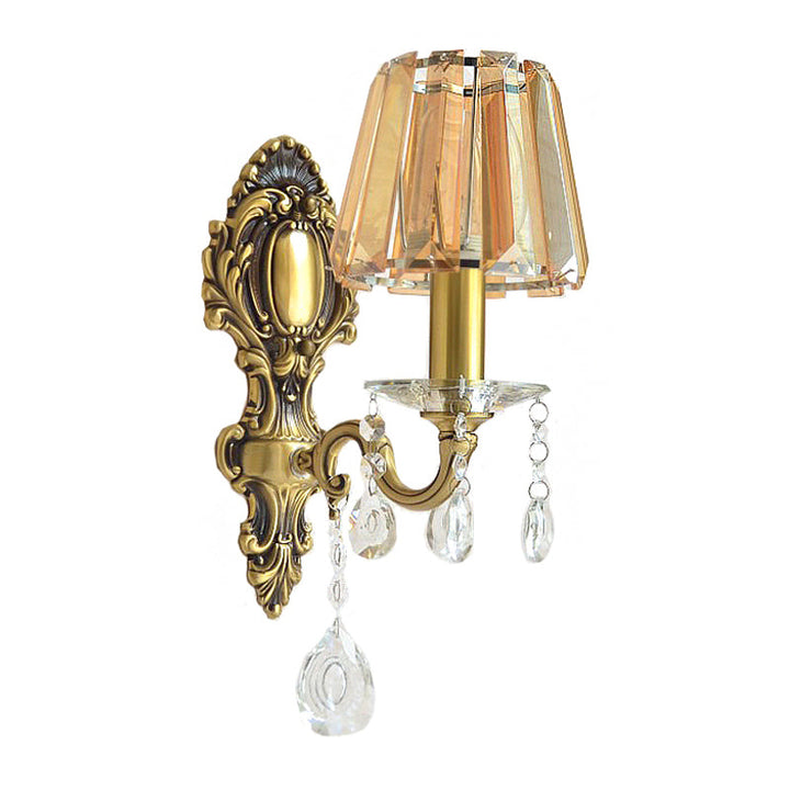 Lisslune | 1-Light Candle Wall Lamp Traditional Brass Metal Wall Lighting with Conical Clear Crystal Shade