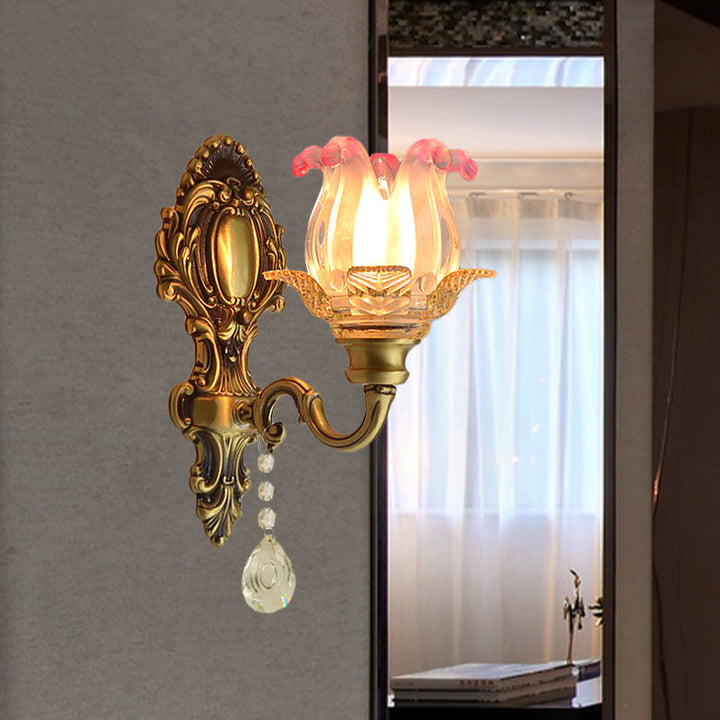 Skørter | Retro Flower Wall Lighting Ideas 1 Light Bulb Pink-Transparent Fading Glass Wall Lamp in Brass