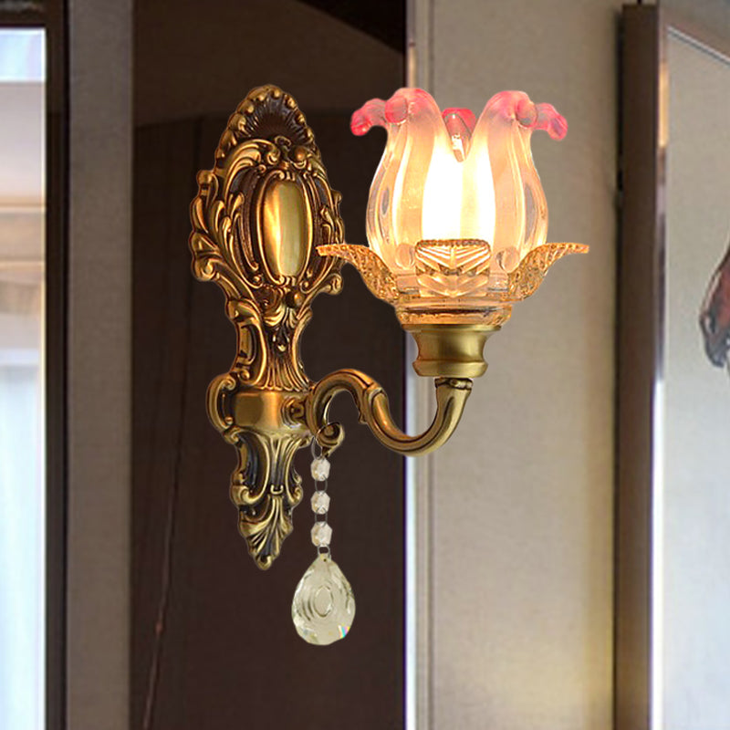 Skørter | Retro Flower Wall Lighting Ideas 1 Light Bulb Pink-Transparent Fading Glass Wall Lamp in Brass
