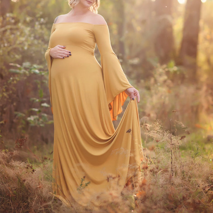 Women's Maternity Maxi Dress with Off-Shoulder Design and Flowing Sleeves Lisslune