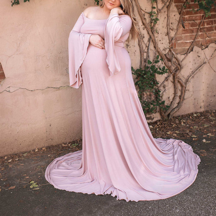 Women's Maternity Maxi Dress with Off-Shoulder Design and Flowing Sleeves Lisslune