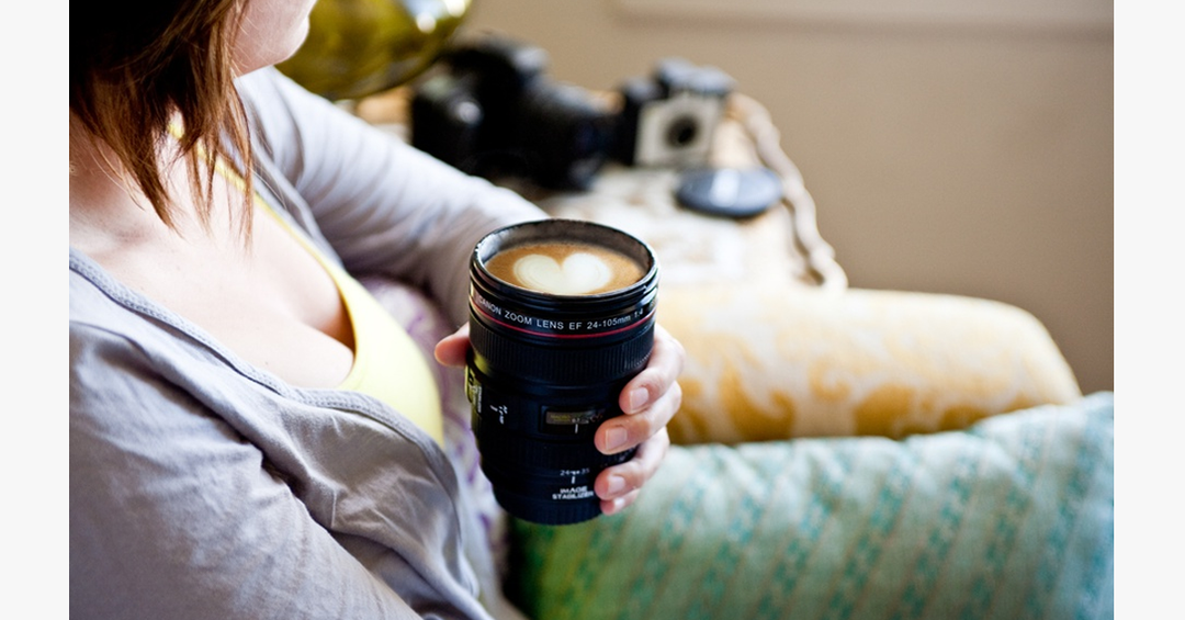 Lisslune | SLR Camera Lens Stainless Steel Travel Coffee Mug with Spill-Proof Lid
